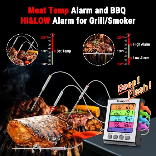 Image of ThermoPro Plastic Tp17H Digital Meat Thermometer With 4 Temperature Probes,Hi /Low Alarm Smoker Food Thermometer With Colored Backlit Lcd,Bbq For Cooking Grilling Kitchen Oven Barbecue Turkey