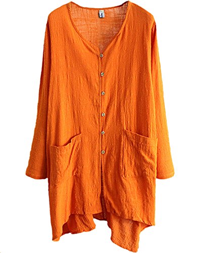 Najia Symbol Womens Casual V Neck Buttons up Linen Plus Size Long Blouses