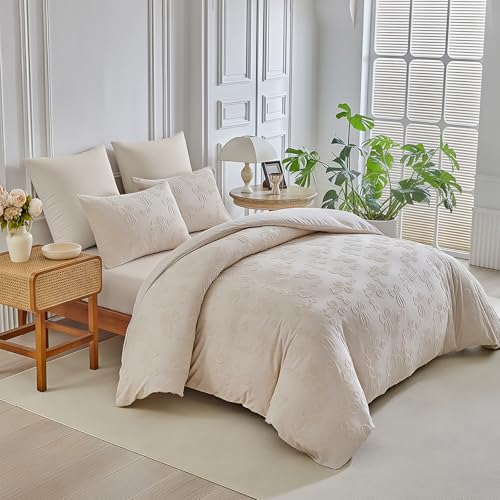 Image of 7 Pieces Bow Comforter Set for Girls Kids Khaki Tufted Boho Bedding Set Full Size Farmhouse Bed in A Bag as Gifts (1 Comforter, 1 Flat Sheet, 1 Fitted Sheet, 2 Pillowcase and 2 Pillow Sham)