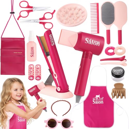 Image of GAGAKU Pretend Hair Salon Toys for Girls,Pretend Makeup for Toddlers Dress Up Beauty Salon Set Stylist Kit with Hair Dryer Apron Curling Flat Scissors Accessories Girl Gifts