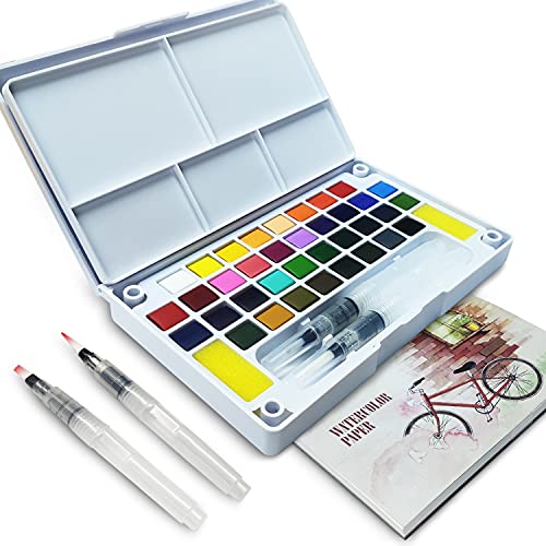 LURICO Set de Peinture Aquarelle, Peinture Aquarelle Palette-36 Couleurs Boîte d’Aquarelle avec 12 Papiers +2 Pinceau Reservoir Eau + Palette Aquarelle Voyage Professionnelle Transportable