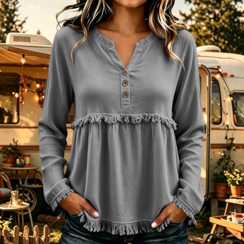 Western Tops for Women Fringe Trim Split Neck Henley Long Sleeve Blouse Relaxed Fit Boho Casual Fall Peasant Shirt Flowy Tops for Women Summer Gray S - image 2