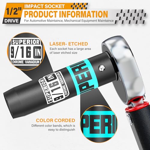 Image of 1 /2 inch Drive Impact Socket, 9 /16 inch Deep Socket, SAE, 6 Point, CR-V, for Car Repair, Loosen the Fastening Nut
