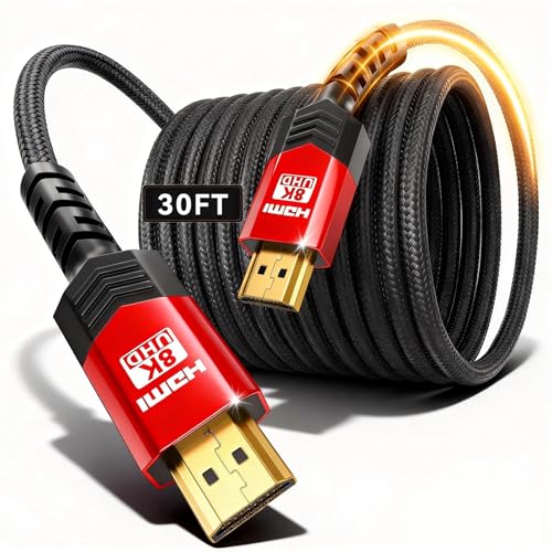 Image of 8K HDMI 2.1 Cable 30 FT,48Gbps Ultra High Speed Braided Gaming Cord Support 10K 8K@60Hz 4K@120Hz /144Hz HDCP 2.2&2.3 eARC DTS:X HDR10 VRR Compatible for RTX 5090 /PS5 /Xbox X /S /TV etc