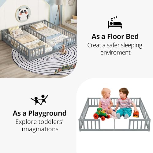 Floor-Bed-for-2-Kids-Montessori-Bed-Frame-with-Fence-Railings-Wooden-Double-Twin-Bed-for-Two-Boys-Girls-Box-Spring-Needed-Gray Floor Bed for 2 Kids Montessori Bed Frame with Fence Railings Wooden Double Twin Bed for Two Boys Girls Box Spring Needed Gray