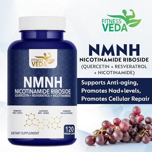 Image of Fitness Veda NMNH (Dihydronicotinamide Mononucleotide), NMN Alternative Supplement w /Nicotinamide Riboside (Vitamin B3), Quercetin, Trans-Resveratrol, Support NAD+, Skin Cell Health*, Anti-Aging & Energy, 120 Caps