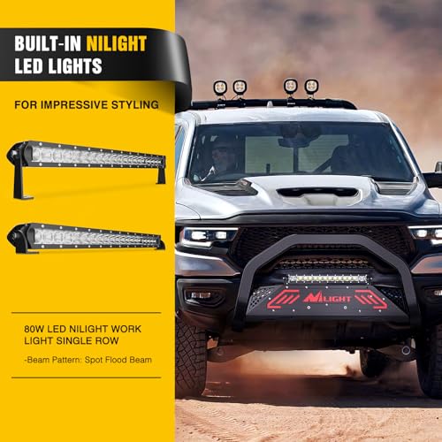 Image of Nilight Bull Bar with Light fits Dodge Ram 1500 New Body 2019-2024 (Not fit Rebel,TRX,Classic & 20-22Diesel) Front Bumper Grille Brush Push Guard with Skid Plate Licence Hole Black