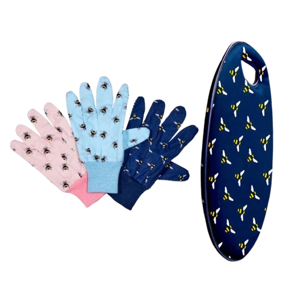 Garden Mile Bumble Bee Garden Kneeler Triple Pack Cotton Grip Garden Gloves Lightweight with Handles Multi-Use Indoor Outdoor Durable Gardening Protection (Bees Triple Pack Gloves and Kneeler)