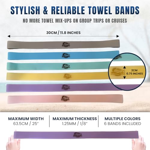 Image of Towel Bands (6-Pack) for Beach & Pool Chairs - Extra Durable, No Snapping, Soft Pastel Colors, Holds Towels Secure on Outdoor & Cruise Lounge Chairs. Includes Storage Bag
