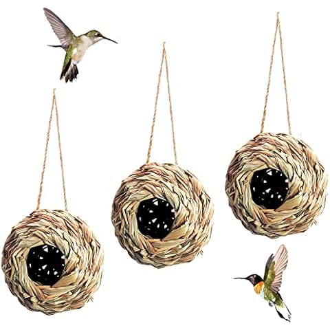 Puninoto Humming Bird Houses for Outside Hanging, Natural Grass Hanging Bird Hut, Hand Woven Hummingbird Nest, Large Wren Finch Bird House for Garden Window Outdoor Home Decoration, 3 Pack Cover