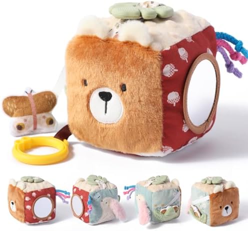 let's make Bear Baby Aktivitätswürfel für Babys 0-12 Monate, weiches Aktivitätsblock-Spielzeug mit lebensmittelechtem Beißring & babysicherem Spiegel, Bauchzeit Knisterspielzeug fü