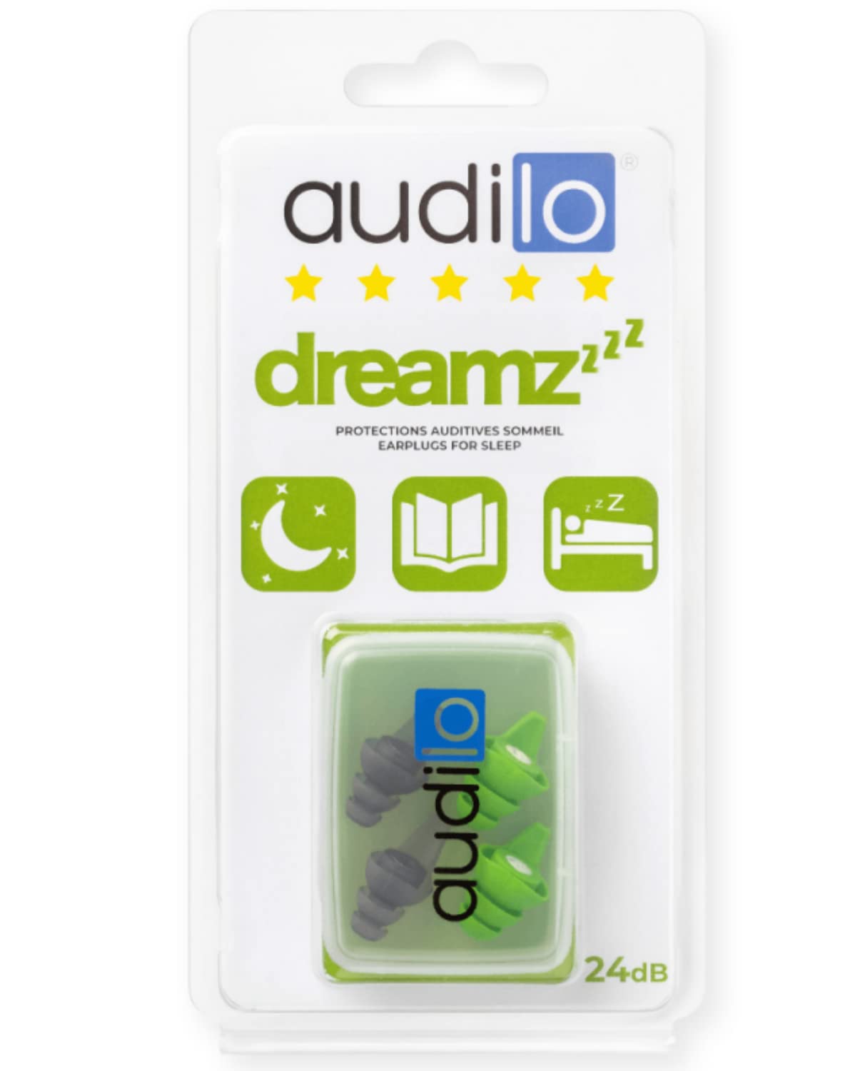 Audilo Dreamz - Sleeping Earplugs - 2 Sizes M (Grey) / L (Green) | SNR 24dB | Hearing Protection for Sleep, Study | Anti Snoring | Reusable Earplugs up to x100 Eaplugs for Sleeping Noise Cancelling