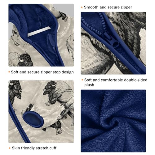 Bison Pattern Print on Cream Toddler Fleece Jacket Girl Boys Hooded Fleece Jacket Coat Warm Outwear Zip-up 3-10T3