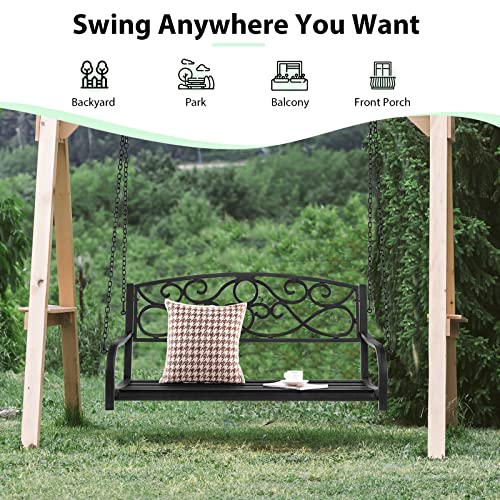 Giantex Metal Porch Swings 2 Person Outdoor Hanging Garden Bench With Sturdy Chains, Wide Seat & Curved Armrests, 485 Lbs Weight Capacity Swing Loveseat For Deck, Backyard Patio Swing Chair (Black) #TOP5