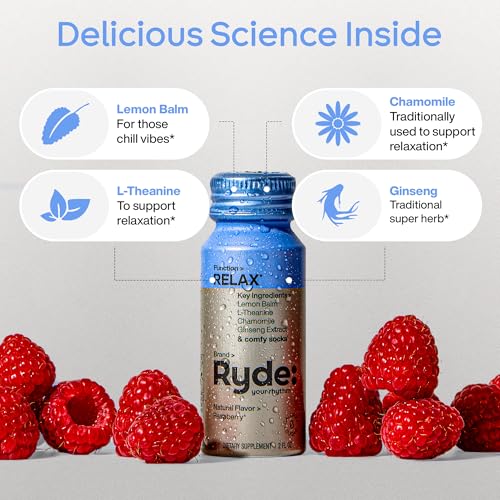 Image of Ryde: Relax Shot | Raspberry Flavor | Lemon Balm, L-Theanine, Ginseng & Chamomile | 0 Calories, 0 Sugar | 2 FL OZ Shots | Helps You Relax* (8 Pack)