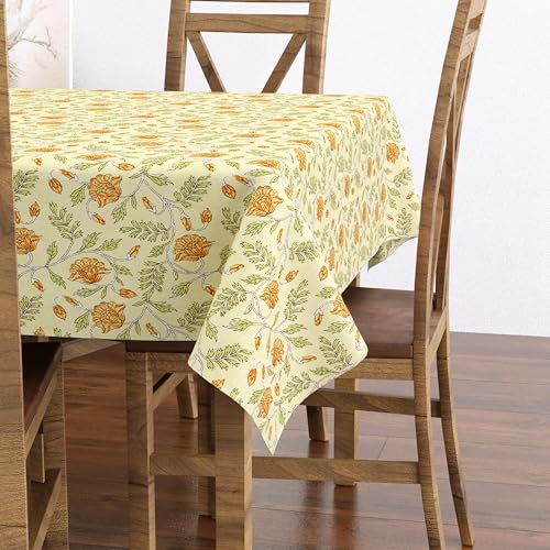Image of BLOCKS OF INDIA Hand Block /Batik Print Rectangular Table Cloth for 6 Seater Dining Table 100% Pure Cotton 60 Inch x 90 Inch Green GAD Floral