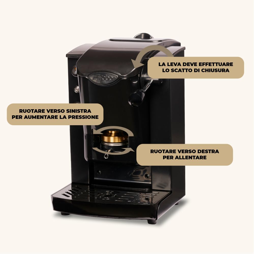 FABER CAFÉ MAQUINAS | Modelo Ranura Plast | Cafetera Eese Pod 44 mm | Color Negro Plástico Negro | Latón Pressacialda