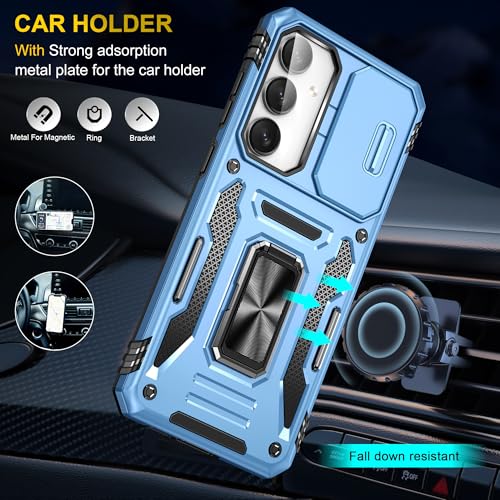 Image of Polycarbonate Slide Camera Cover with Ring Holder Mobile Phone Back Cover for Samsung Galaxy S24 FE (Blue)