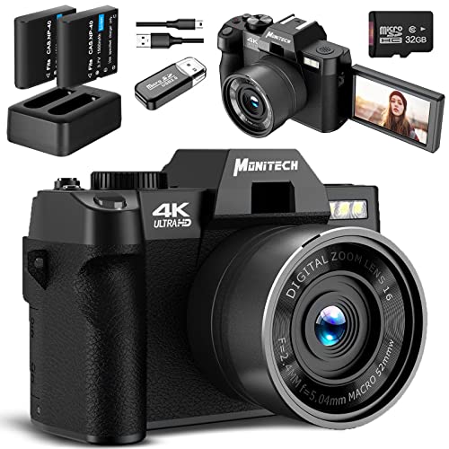 Monitech Digitalkamera für Fotografie und Video, 4K 48MP Videoaufnahmekamera für Youtube mit 180° Schwenkbildschirm, 16-facher Digitalzoom, 32GB TF-Karte, 2 Batterien