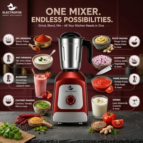 Image of Electrofox PowerMax Mixer Grinder 750 watt with 3 Stainless Steel Jars | Heavy Duty Motor | Mixer Grinder for Kitchen with 3 Speed Control & Pulse Function 4 Years Warranty (Red & Silver)