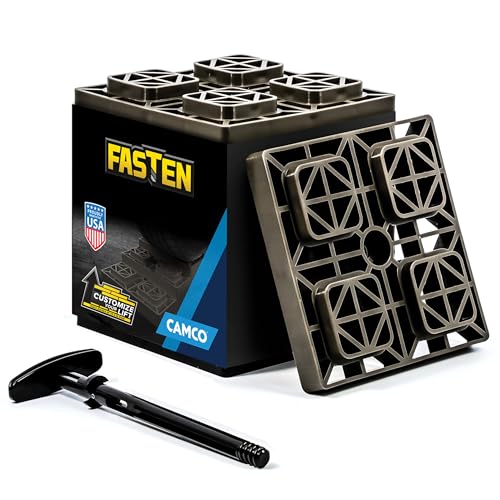 Camco Fasten RV Leveling Blocks - Features Interlocking Design for Customizable Height - Carrying Handle Twists to Secure Blocks for RV Storage - 8.5 x 8.5 x 1 Gray 10-Pack (21024)