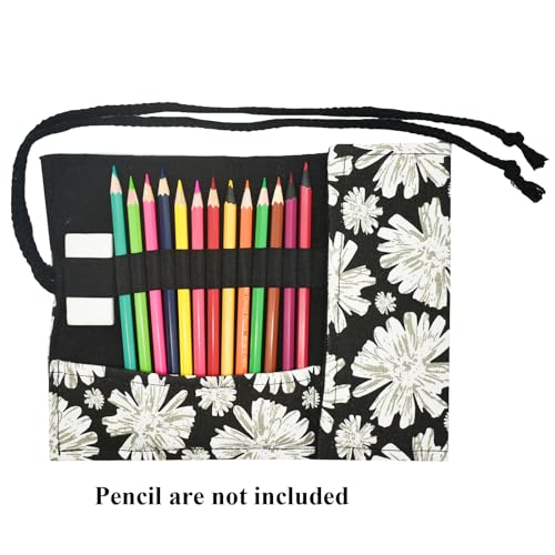 Image of Snowflake Pattern Canvas Pencil Case Roll Wrap Holders Roll Up Pencil Bag for Artist Adult Coloring Travel Storage OrganizersWith 24 Slots (Ice snow)