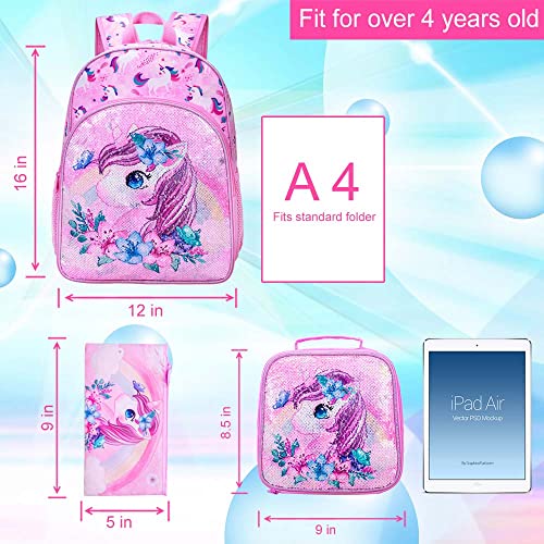 KLFVB 3PCS Unicorn Mermaid Backpack for Girls, 16" Sequin Kids Bookbag and Lunch Box, Preschool Backpacks for Elementary3