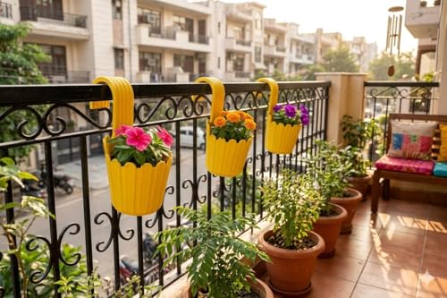 Image of Premium 6 inch Railing Planter with Hook - Durable Plastic Hanging Flower Pot for Balcony, Fence Design Gamla for Indoor /Outdoor Plants, Herbs & Creepers (3, Yellow)