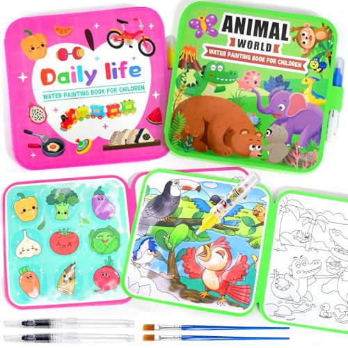 Vodolo Water Painting Book for Toddlers - 2 Pack Reusable Magic Water Coloring Book with 4 Water Pen 2 Brush - Mess Free Painting for Toddlers,No Mess Paint Coloring for Ages 3+ Travel Activity Toys