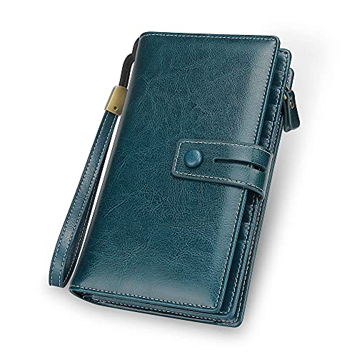 Carteira feminina grande FT Funtor, com bloqueio de RFID, de couro, com zíper em volta da bolsa, grande para telefone, com suporte para cheque, organizador de pulso, 4-green, h-wallet sgreen