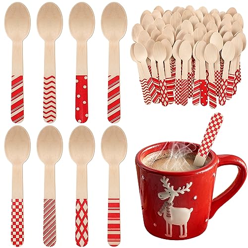 Uiifan 120 Pcs Christmas Disposable Wooden Spoons 5.5 Inches Striped Spoons with Red Stripes Candy Cane Patterns for Tasting Cake Hot Chocolate Coffee Ice Cream Christmas Wooden Cutlery, 8 Styles