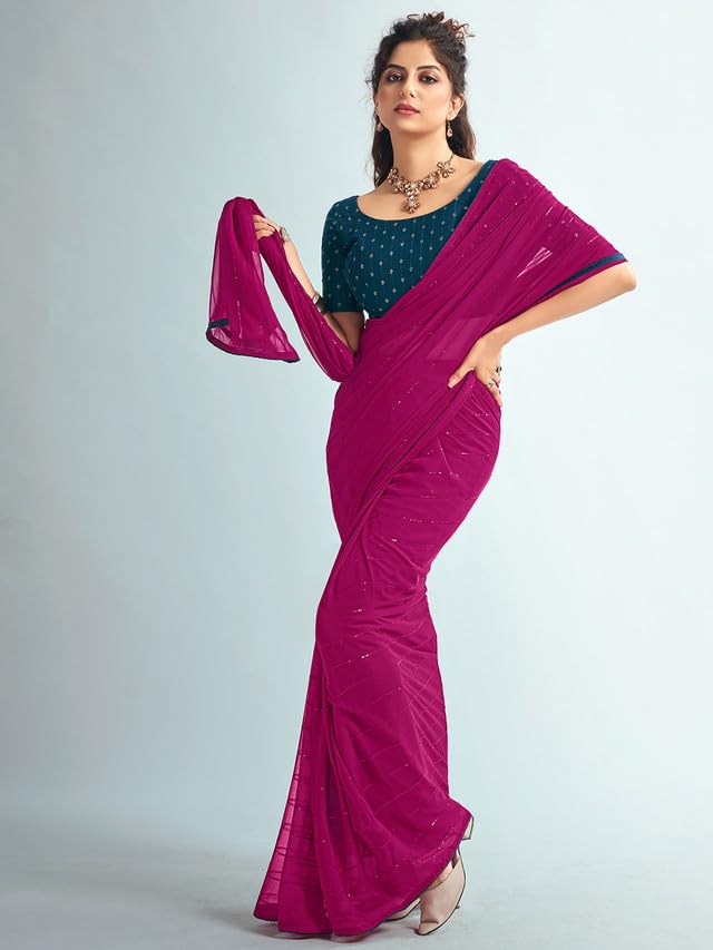 Satrani Women's Georgette Sequence Work & Piping Border Saree With Unstitched Blouse Piece (3475S706N_Rani Pink)