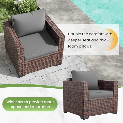 Image of Amopatio Wicker Outdoor Sofa & Patio Couch Set - High Back Waterproof Patio Furniture Single Armrest Chair with Non-Slip Cushions, Outdoor Furniture Cover, Grey