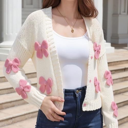 Image of FindThy Women's Kawaii Strawberry Embroidered Cardigan Long Sleeve V Neck Chunky Knitted Cardigans Tops