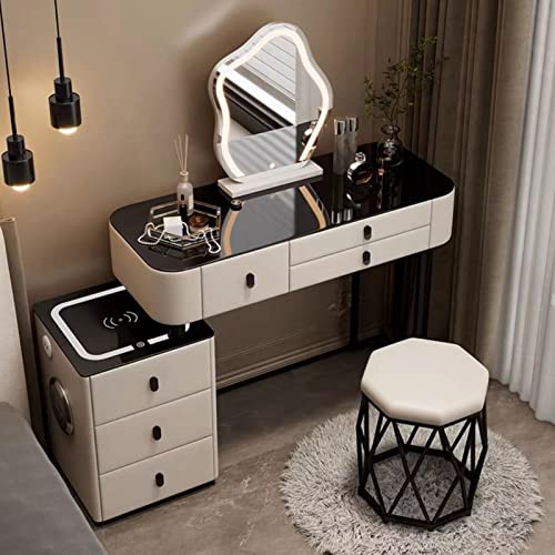 Mesa de tocador LED para maquillaje con espejo táctil, 3 modos de color, 3 cajones, estación de carga, elegante tocador beige