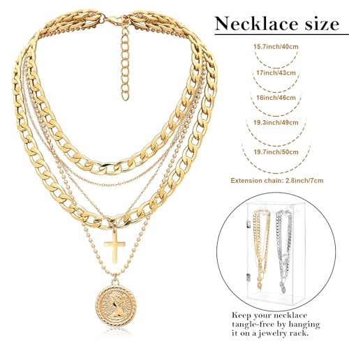Gold Layered Necklaces for Women Chunky Choker Link Chain Trendy Retro Coin 14K Pendant Necklace Handmade Dainty Layering Poppy Lotus Rose Birth Flower Necklaces Gift2