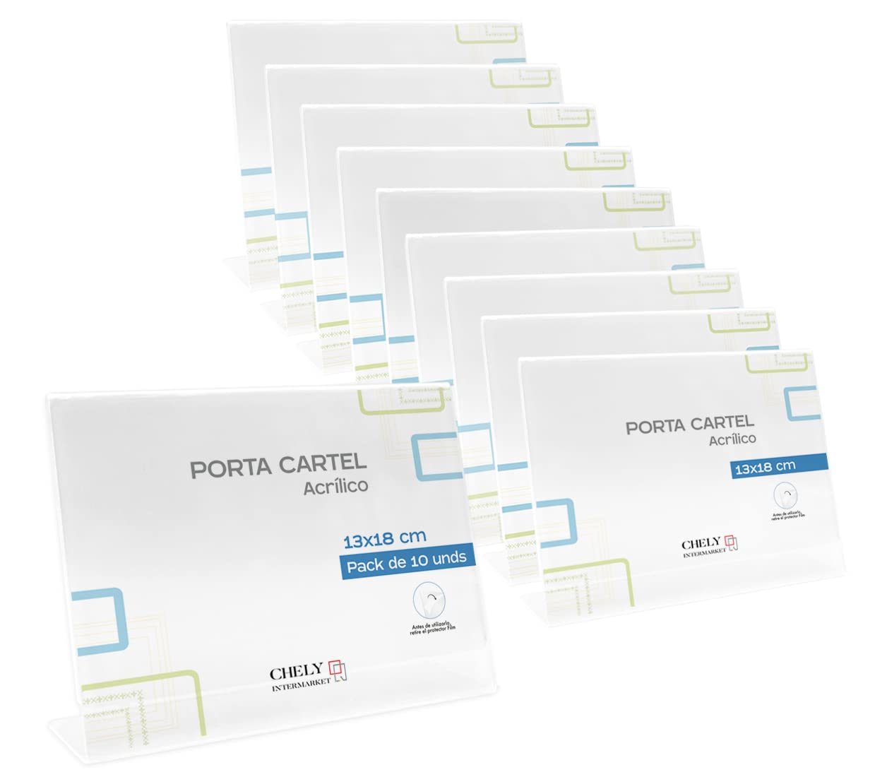 Chely Intermarket Porta Cartel Metacrilato A4 MOD-3703 Horizontal Pack de 10 Transparente Soporte de Mesa para Menús Tarifas Precios Promociones Eventos Ferias y Restaurantes