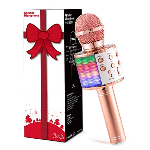 Fede Microphone Karaoké Sans Fil Bluetooth avec Lumière LED Multi couleur, Micro à Main Portable Haut-parleur pour Enfants/Adultes Chanter, Compatible avec Android/IOS/PC/Smartphone