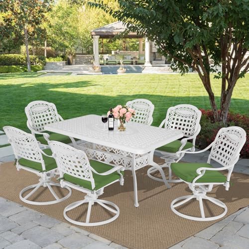 Image of MEETWARM 7-Piece Outdoor Patio Dining Set, All-Weather Cast Aluminum Patio Conversation Set with 6 Cushioned Swivel Rocker Chairs for Backyard Garden Deck, 1 Rectangular Table, White