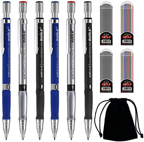 10 PCS 2mm Mechanical Pencils Set, 2B Mechanical Pencils 2.0mm, 4 Cases Colorful and Black 2B Lead Refills 2mm Mechanical Automatic Pencil Set with Black Velvet Bag for Writing Draft Drawing Crafting