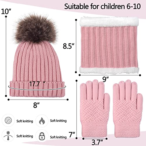 Kids Winter Knit Beanie Hat Scarf And Gloves Set For Girls Boys Warm Thick Fleece Lined Thermal Pink Skull Cap Mittens Infinity Scarf Neck Warmer With Pompom For 6-10 Years Old Baby Toddler Children #TOP5