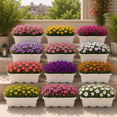 Image of Go Hooked Jupiter Window Planter Pot Pack of 12 | 24 Inch White Plastic Rectangular Plant Pot for Indoor Outdoor Gardening Balcony Terrace Decor | Large Decorative Flower Container L61 x W27 x H22 Cm