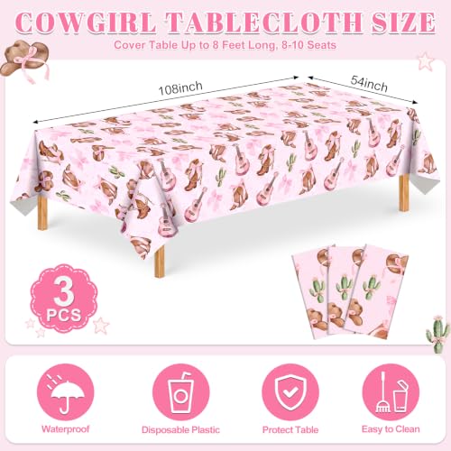 Image of 3 Pack Coquette Bow Cowgirl Tablecloths, Cowgirl Birthday Party Supplies | Boots and Bows Tables Cover Disposable Cowgirl Table Cloth for Girls Western Rodeo Birthday Bachelorette Party 54 X 108Inch
