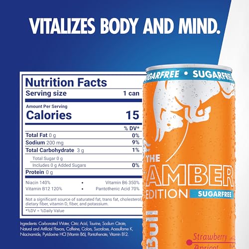 Red Bull Amber Edition Sugar Free Energy Drink, Strawberry Apricot, with 114mg Caffeine plus Taurine & B Vitamins, 12 Fl Oz, Pack of 4 Cans