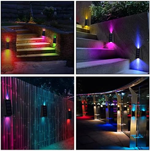 Febelle 4 Pack Solar Fence Lights Fixed Color/7 Colors Auto Changing Up and Down Light with One-Button Switch Outdoor Solar Lights Wall Mounted Trapezoid Shape for Patio Courtyard Garden Decor