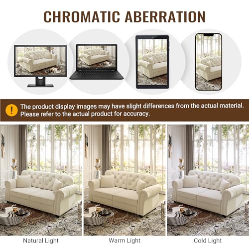 Image of KEIKI 3-Piece Chesterfield Sofa Set with Nailhead Trim, Rolled Arms, White | 6-Seater Couch Set with 1 Velvet 3-Seater Sofa, 1 Loveseat, 1 Single Sofa, 1 Ottoman, 6 Pillow, for Living Room