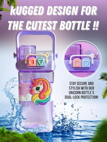 Image of Water Bottle Anti-Leak Kids Unicorn School Water Bottle, 520 ML BPA Free, Cute Rainbow Design Dual Cap With Straw, Strap & Carry Handle (Purple)