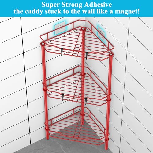 Image of HuggieGems 3 Tier Floor Standing Corner Shower Caddy Organizer Shelf with Hooks, Bathroom Shelves Stand Rack, Red