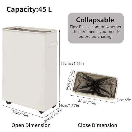 Chrislley 45L Slim Laundry Hamper With Wheels Narrow Rolling Laundry Basket Narrow Laundry Basket With Handle(Beige) #TOP1