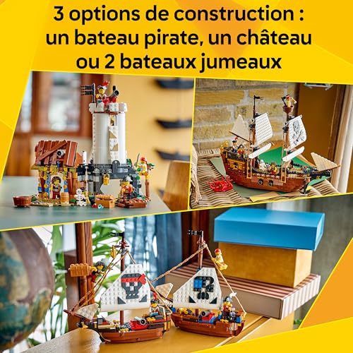 LEGO Creator 3-en-1 Bateau Pirate Mythique - Jouet - Maquette se Transformant en Château ou Bateaux Jumeaux - Décoration Chambre d'enfant - Cadeau d'anniversaire pour Garçon ou Fille dès 9 Ans 31387